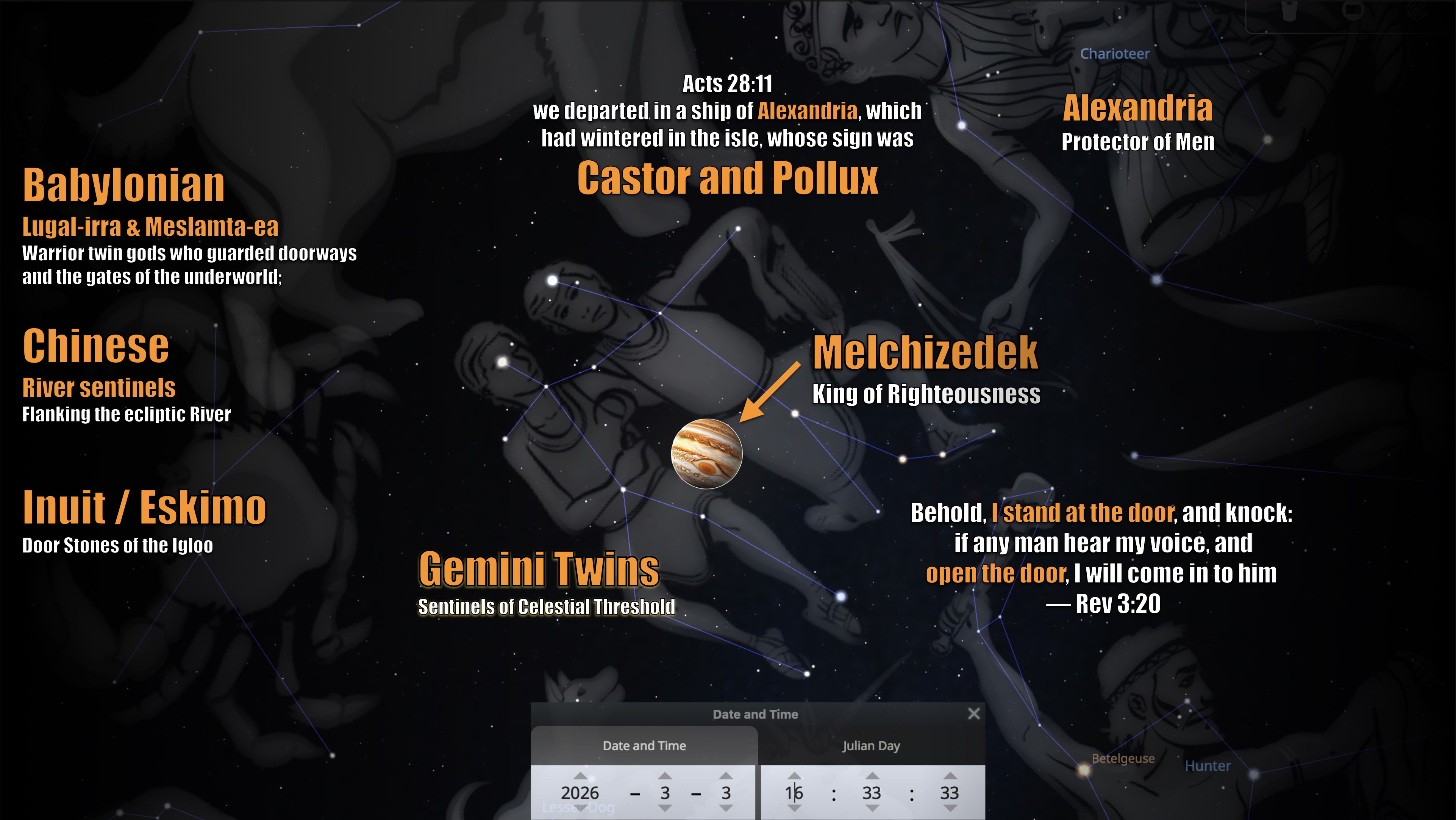 Jupiter at Pollux in Gemini on March 3, 2026 — the Twins as celestial threshold guardians across Babylonian, Chinese, and Inuit traditions, with Acts 28:11 and Revelation 3:20