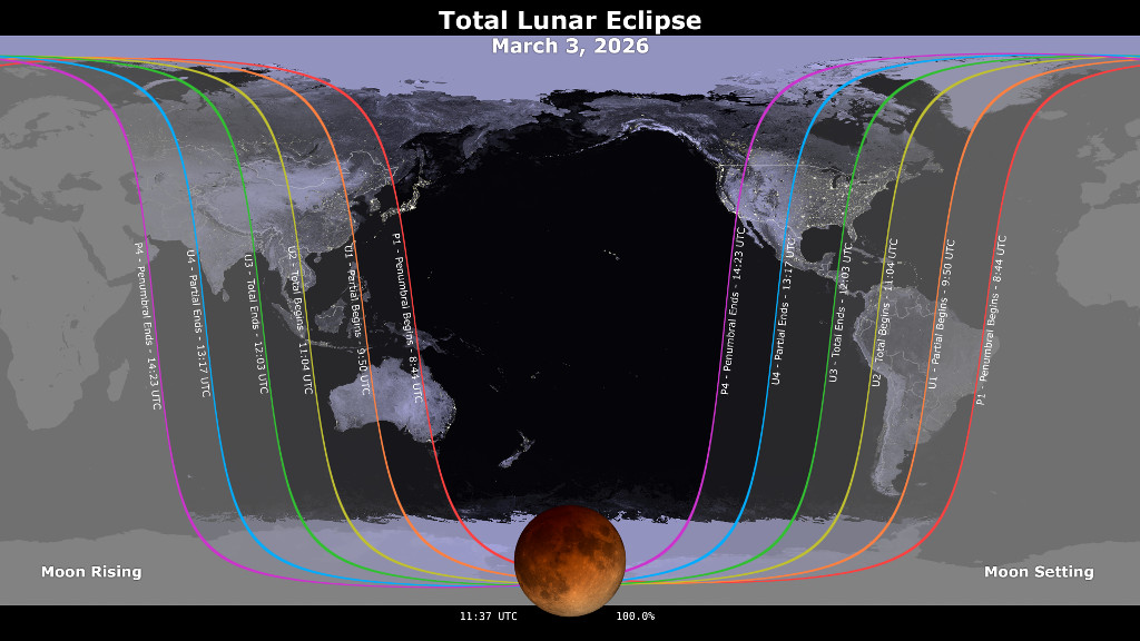 Total lunar eclipse visibility map — March 3, 2026