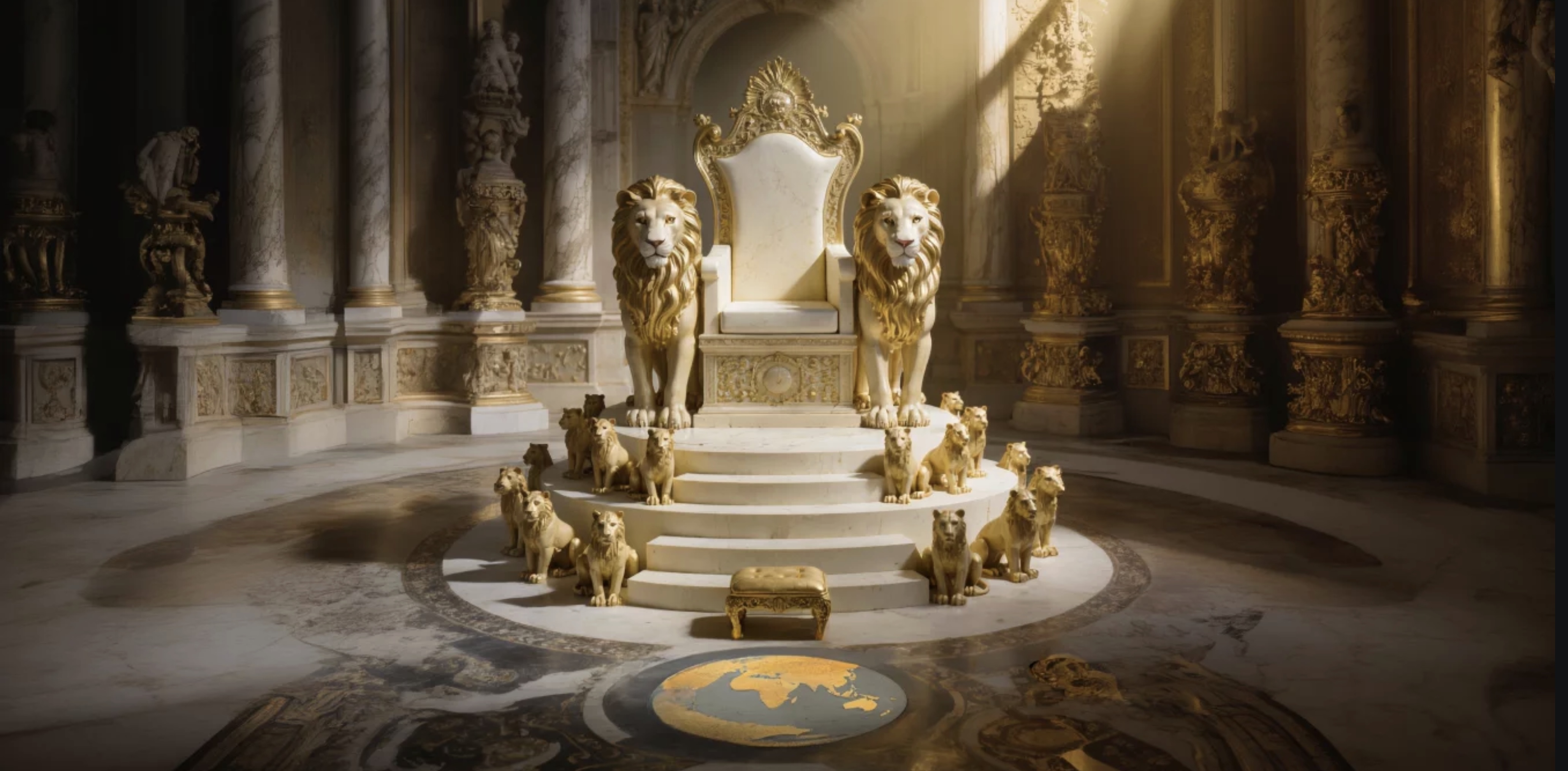 Solomon's throne — ivory and gold, round at the top, with steps and lions, the earth as footstool