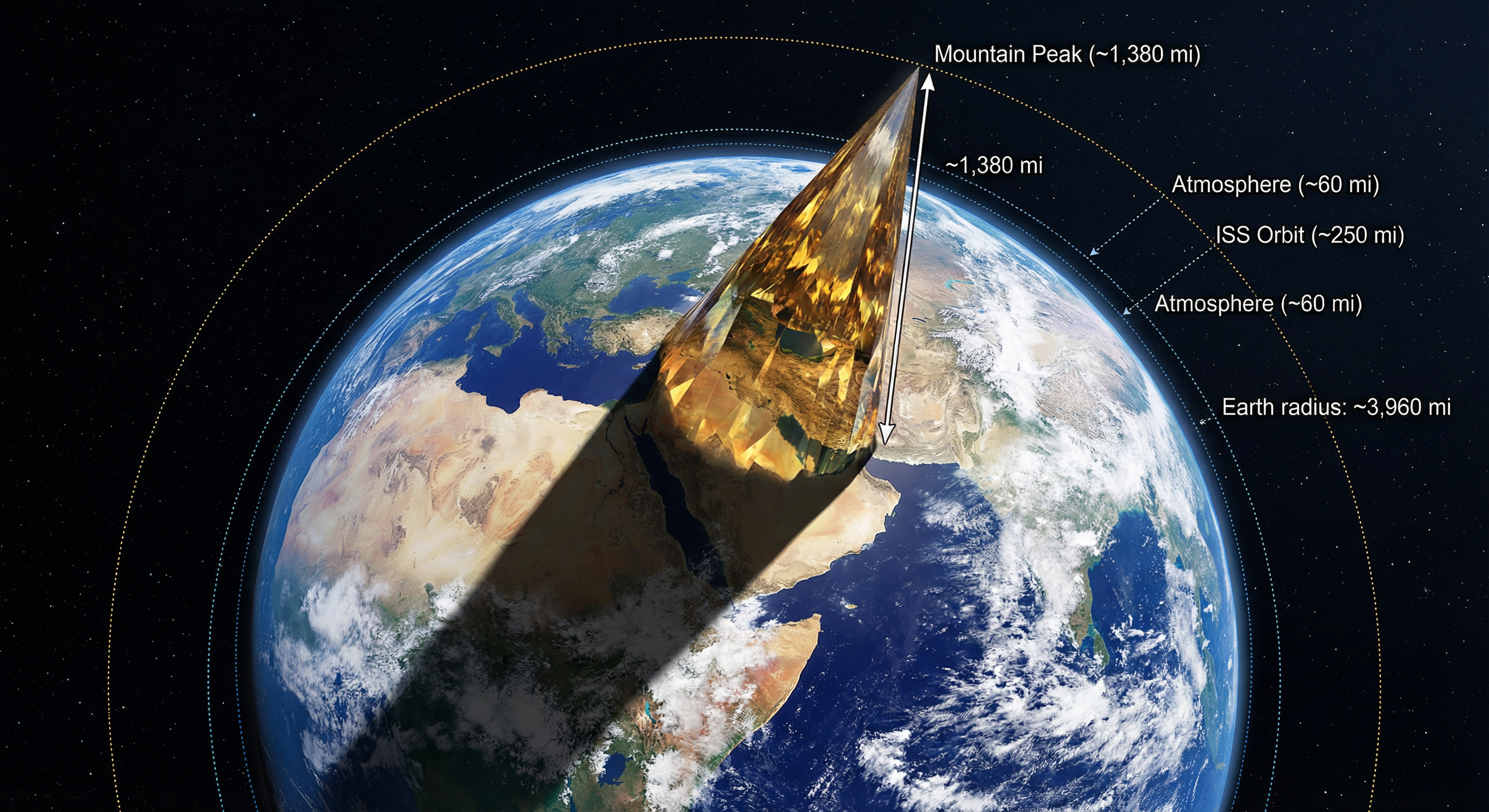 A literal 1,380-mile-high mountain shown to scale from space — extending far past the atmosphere and the ISS orbit