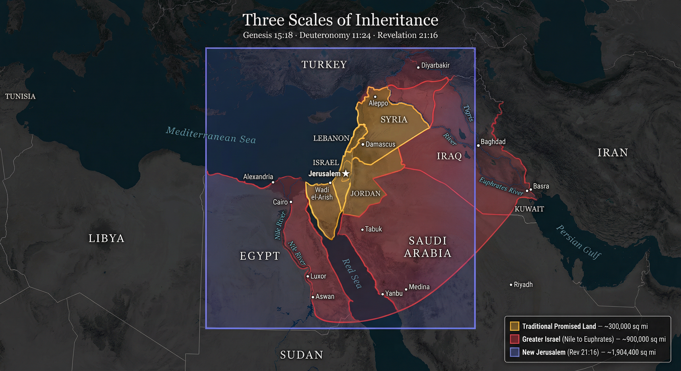 Three scales compared: traditional Promised Land, Greater Israel, and stadia-scale New Jerusalem