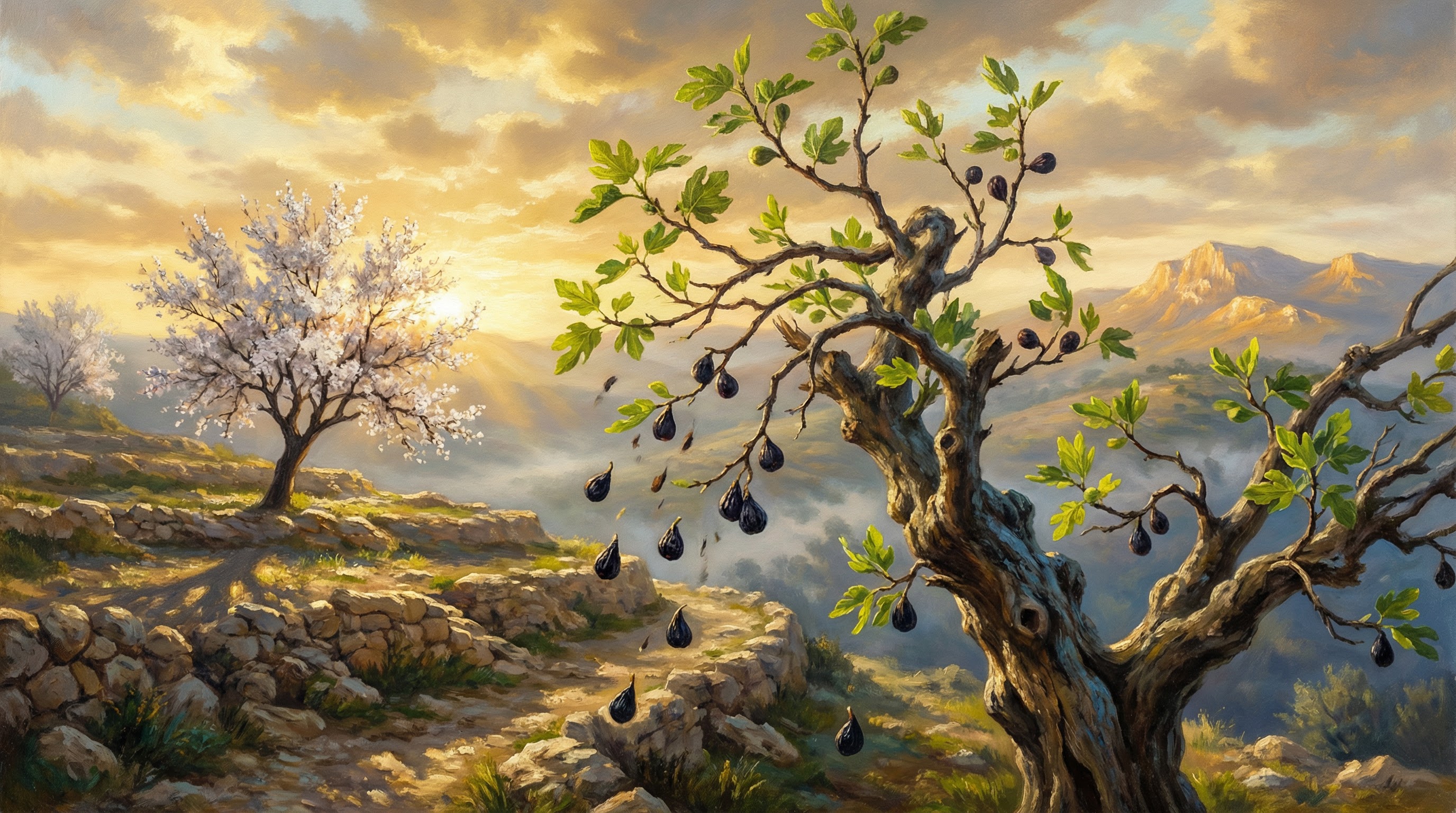 Almond tree blooming while fig tree's winter figs cling — Israeli hillside