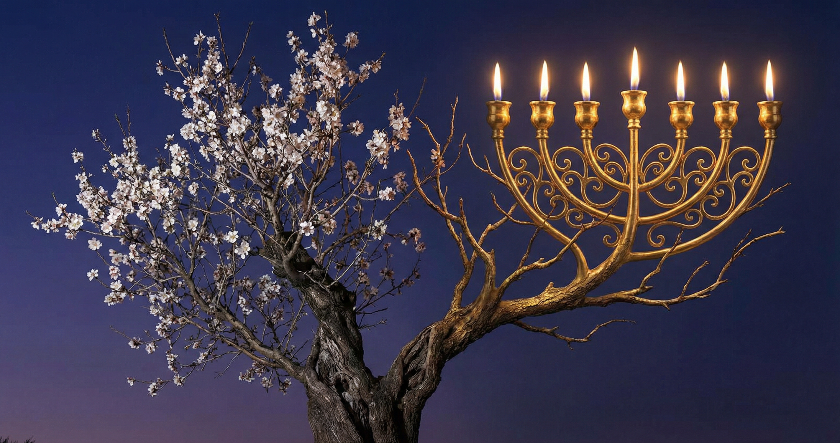 The Tree That Wakes First — almond tree becoming a golden menorah
