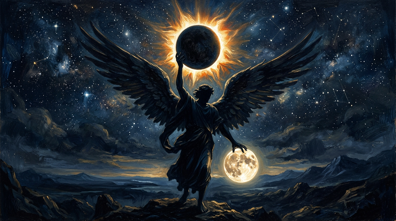 The shining one raises the dark moon to eclipse the sun while pulling the full moon down from the sky