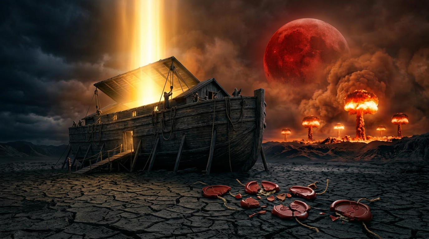 Noah's ark on dry ground, covering lifted with golden light streaming up, blood-red moon turned crimson by smoke from mushroom clouds on the horizon, six broken seals on the ground