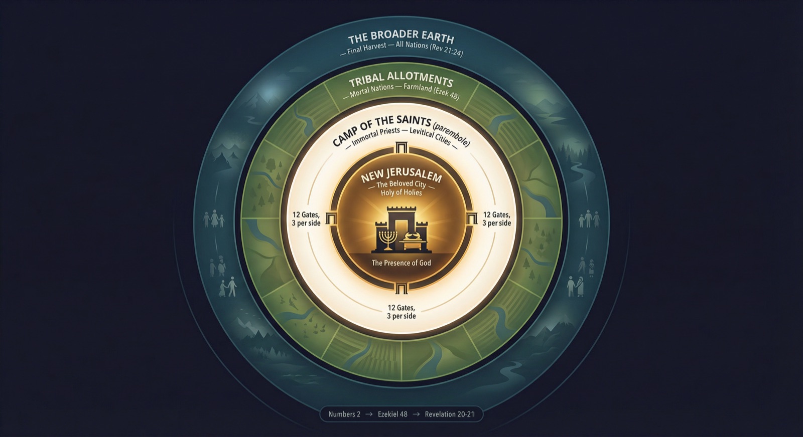 The parembole structure: New Jerusalem at center (Holy of Holies), Camp of the Saints (priestly cities), Tribal Allotments (mortal farmland), Broader Earth (final harvest nations). Numbers 2 → Ezekiel 48 → Revelation 20-21.