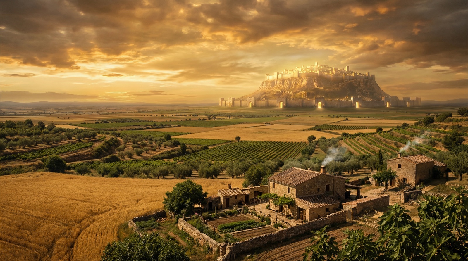The renewed earth — mountain city in the distance, spacious agricultural landscape with homesteads, vineyards, and orchards