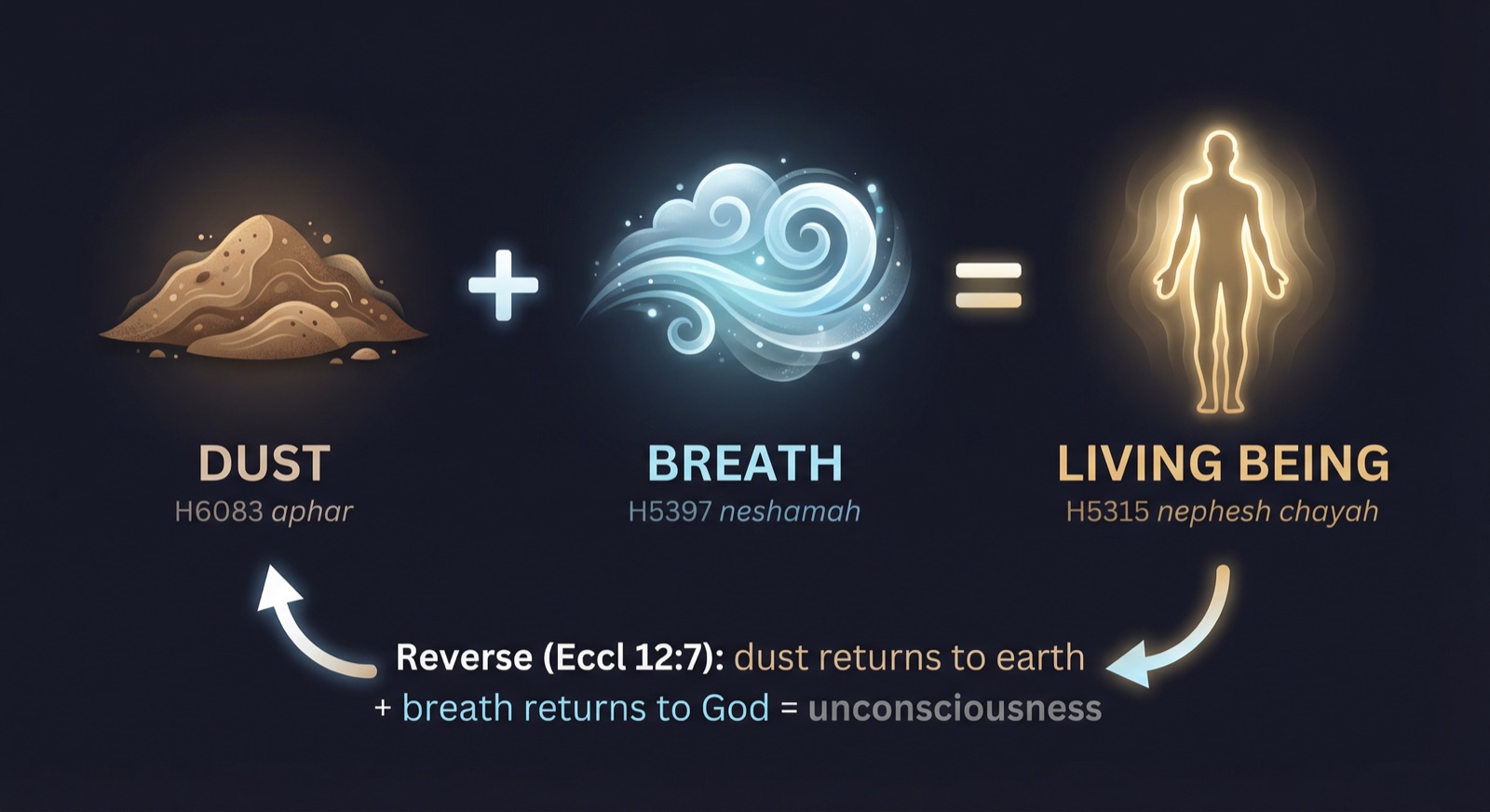 The equation of consciousness: Dust + Breath = Living Being. Reverse: dust returns to earth, breath returns to God = unconsciousness.