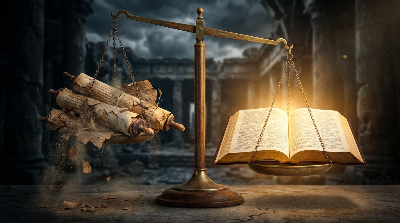 Ancient scrolls weighed on a balance scale against an open Bible — weighed and found wanting